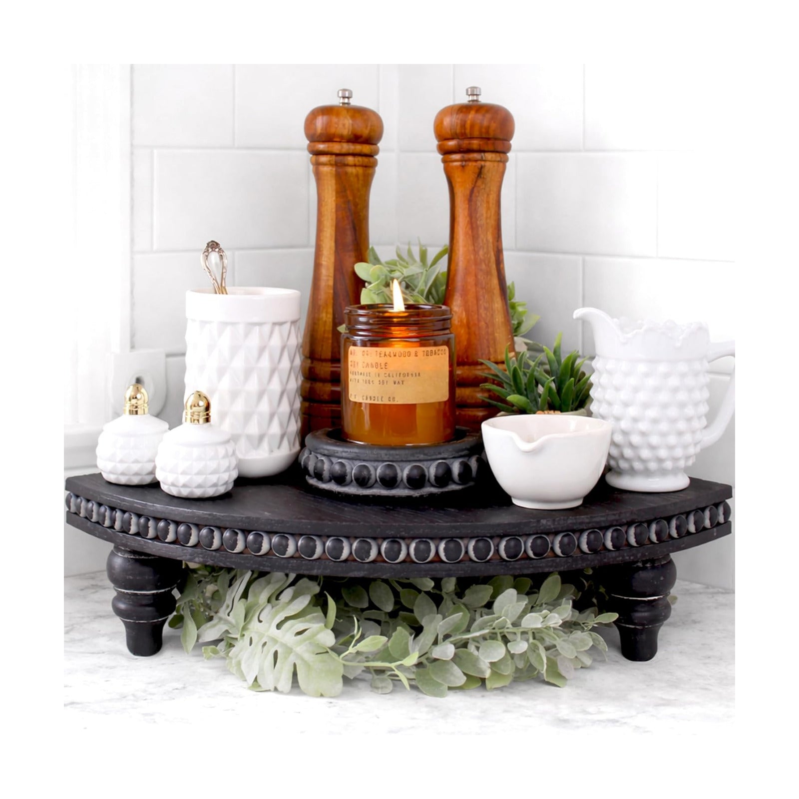 Farmhouse Wood Rounded Beaded Tray / Rustic Black