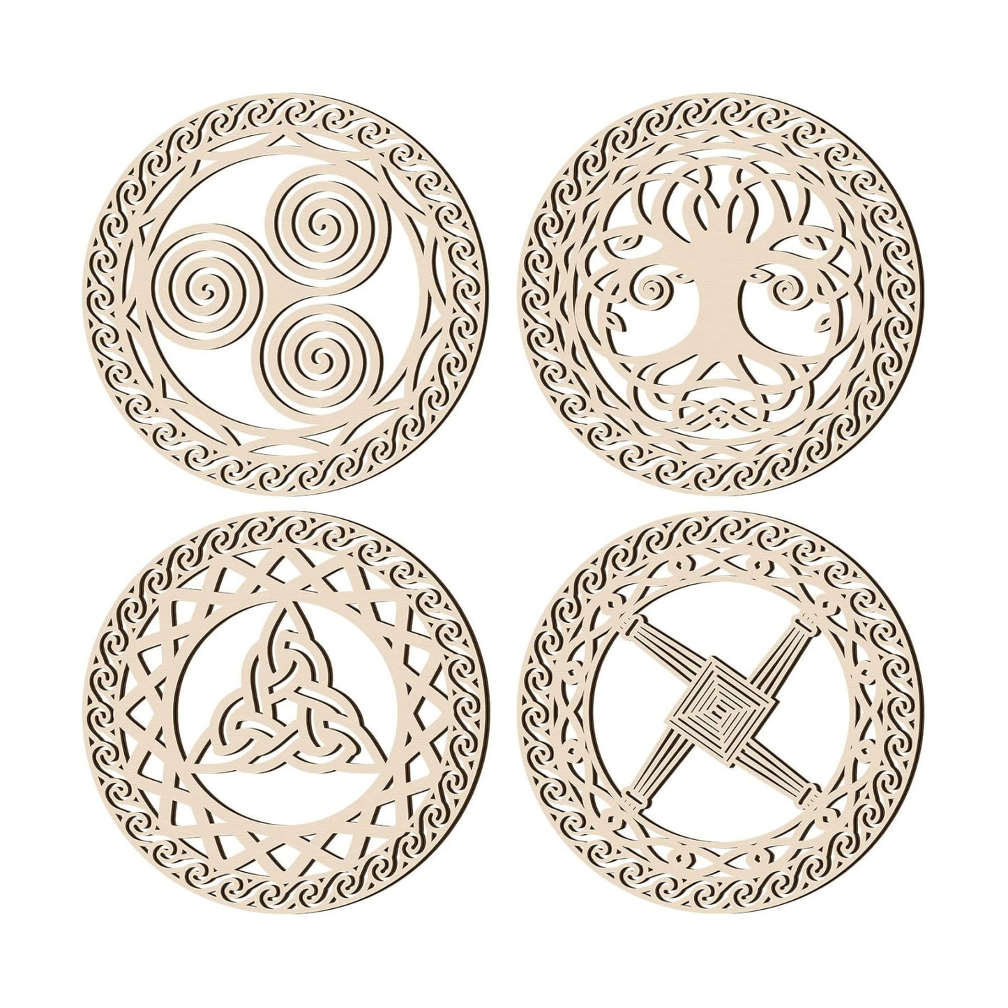 Celtic Symbol Wall Decor Celtic Cross Knot Triple Spiral Symbol Wood Sign / Wood Color / Set of 4