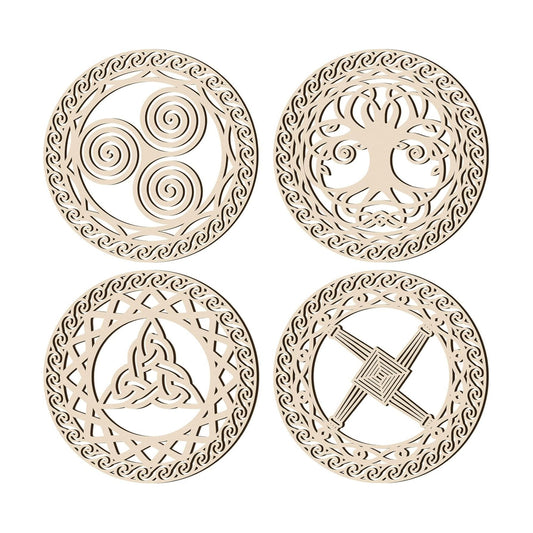 Celtic Symbol Wall Decor Celtic Cross Knot Triple Spiral Symbol Wood Sign / Wood Color / Set of 4