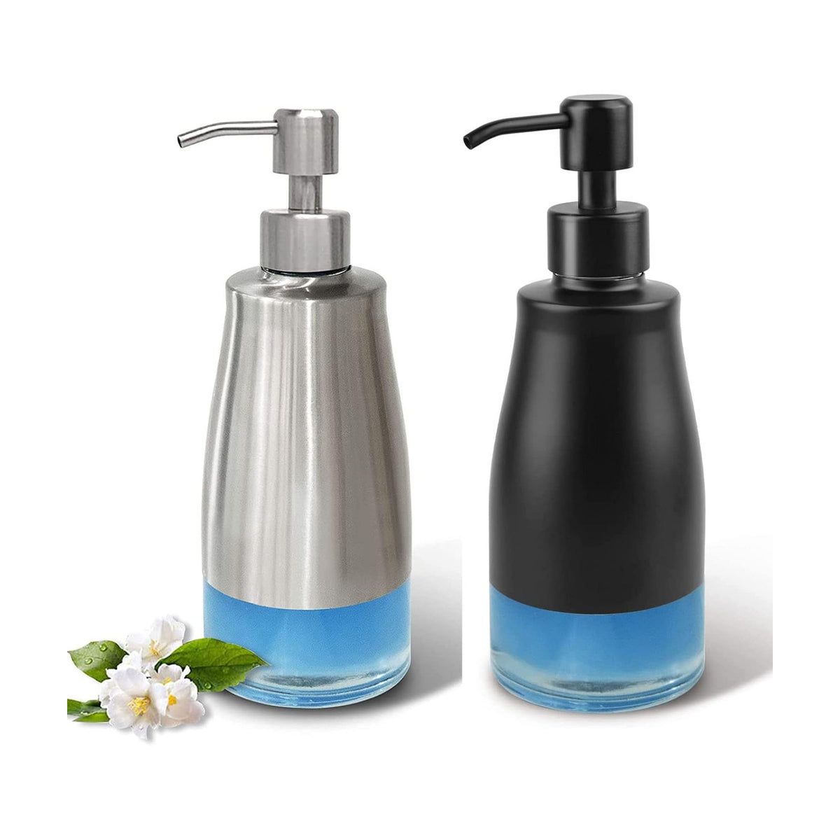 AUMIO 2-Pack Soap Dispenser Set, Brushed Nickel & Black with Glass Liner | Stainless Steel Case | Refillable Design
