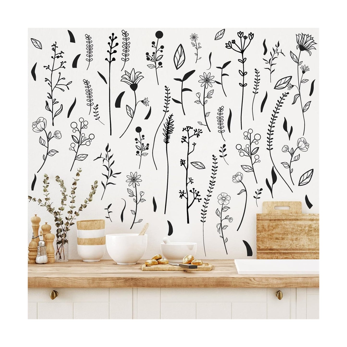Floral Leaf Wall Decals Wildflower Wall Stickers Bouquet Botanical Plant Leaves Wall / Black