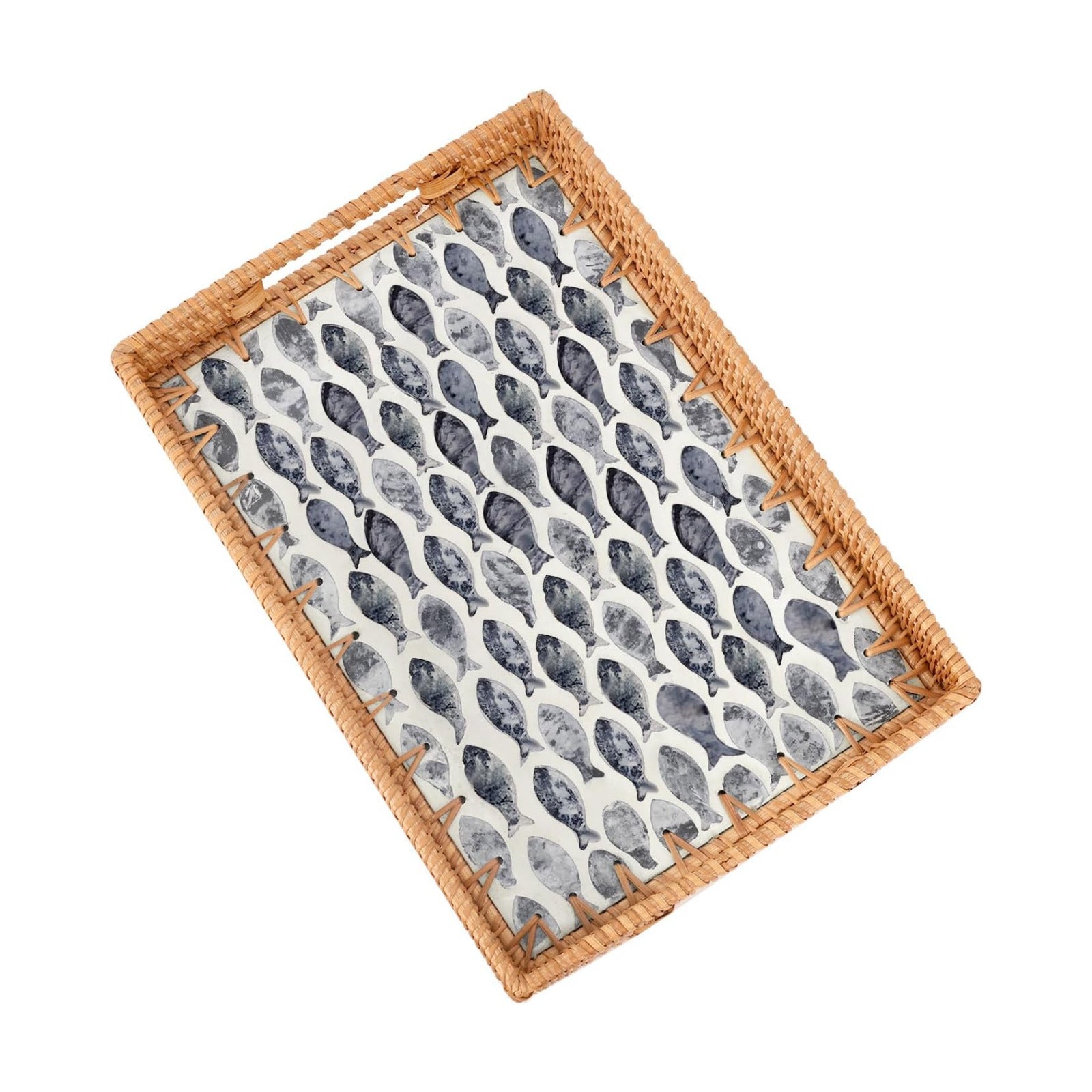 Rattan Serving Tray / Dark Blue Fish