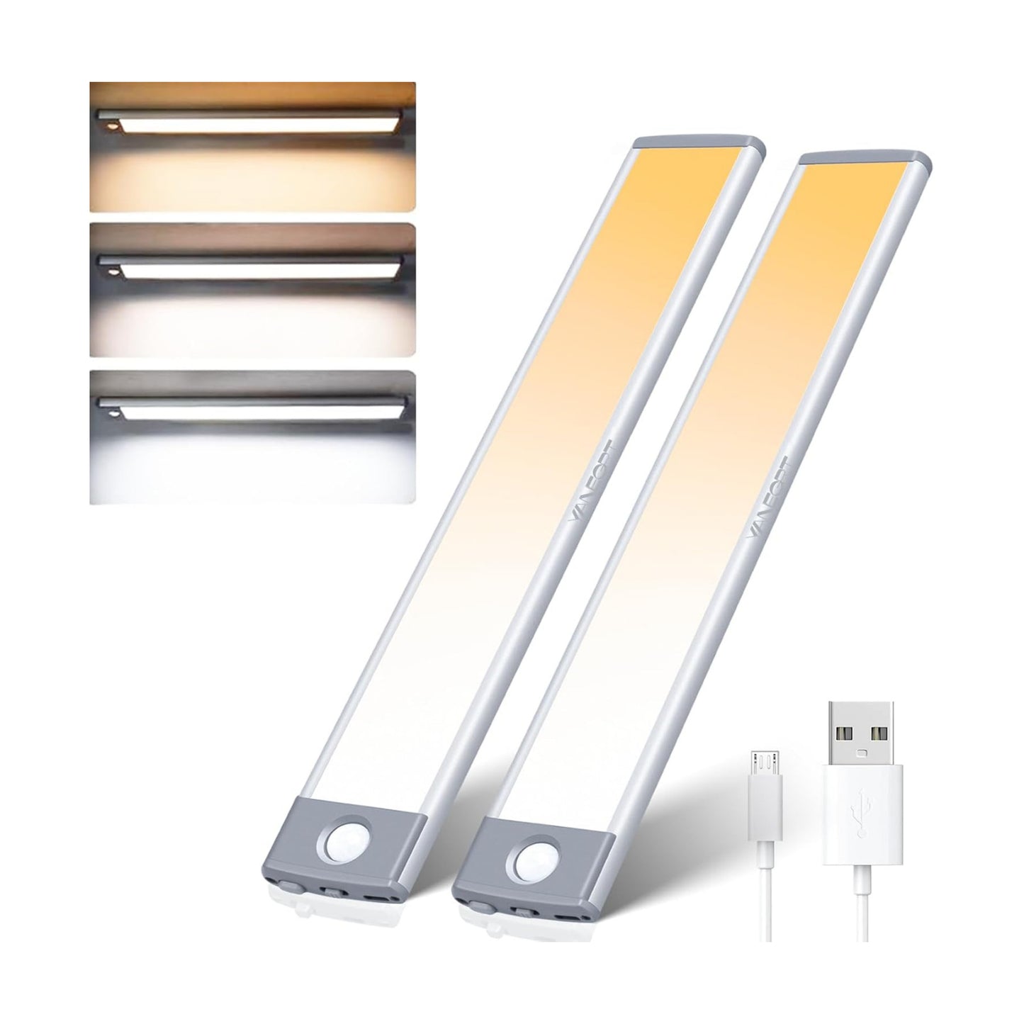 Under Cabinet Lights 2 Pack, 60 LED Dimmable Motion Sensor Light Indoor, Wireless USB Rechargeable with 3 Color Modes &
