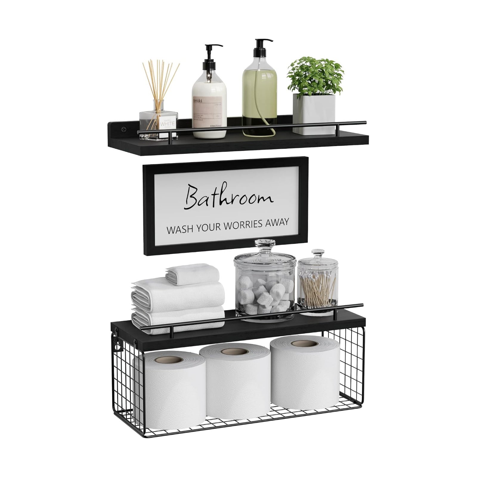 Floating Shelves for Bathroom Decor Art, Modern Black | Bathroom Organizers and Storage, Wall Shelves Over Toilet with