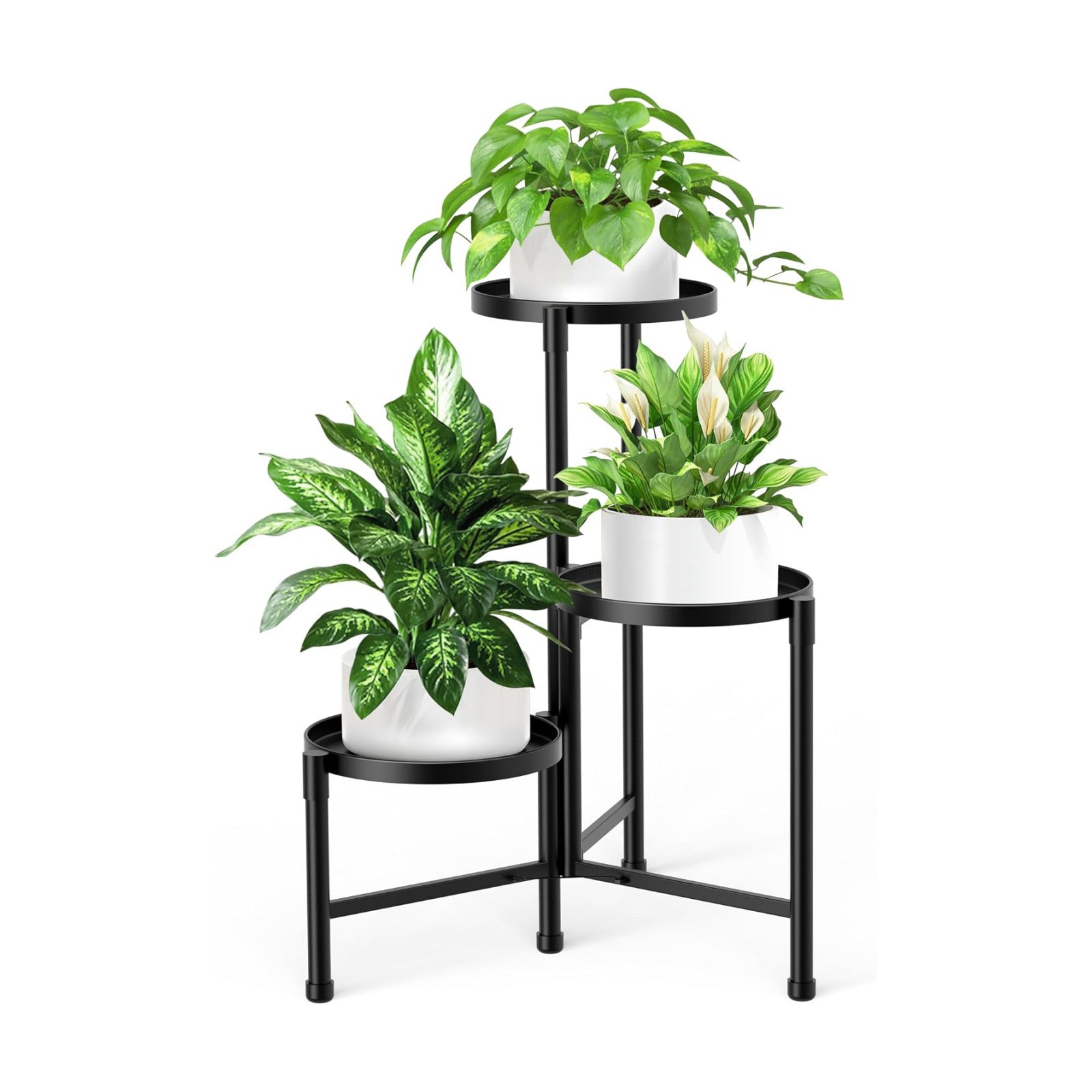 3 Tier Metal Corner Plant Stand Indoor Outdoor, 10 Inch Wide Tray, Black | 30 In Tall Foldable Iron Flower Pot Holder
