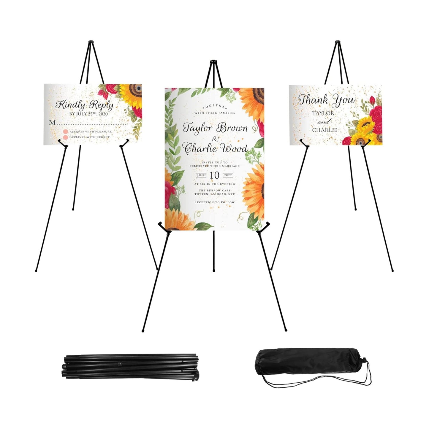 JEAWIWI 3 Pcs Lightweight Easel Stand, 66 Inch, Black, with Carry Bags | Adjustable Portable Metal Display Easel &
