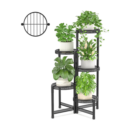 iDavosic.ly Plant Stand Indoor Outdoor, 5 Tier Iron Corner Shelf, Black | Tiered Tall Flower Display Holder, Folding