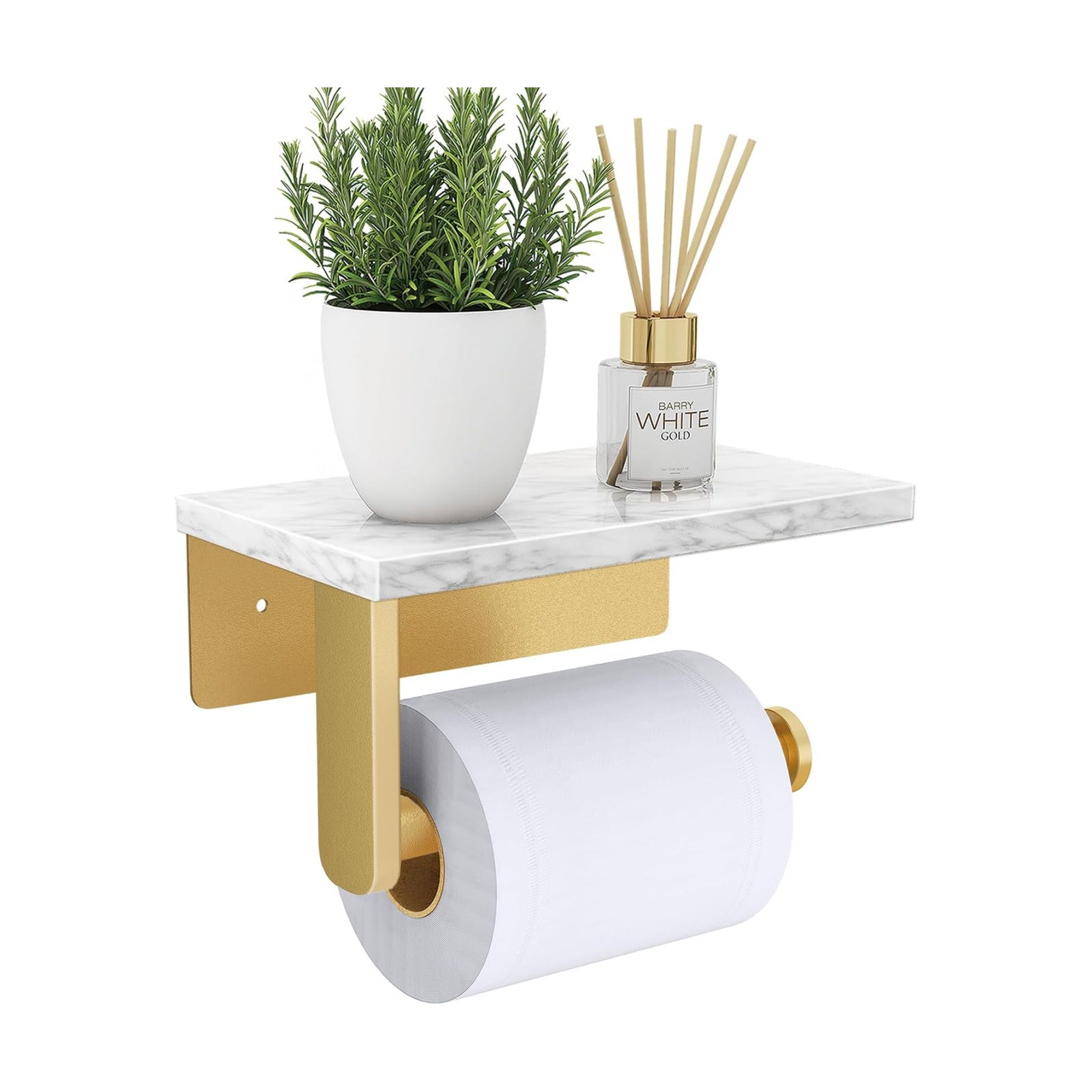 Gypie Toilet Paper Holder with Marble Shelf, Wall Mounted Gold | Stainless Steel Screw, Tissue Roll Paper Holder