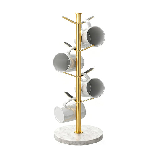 Gypie Gold Mug Holder Tree with Marble Base, 8 Hooks Standard Coffee Cups | Mug Holder Stand, Small Mug Rack for