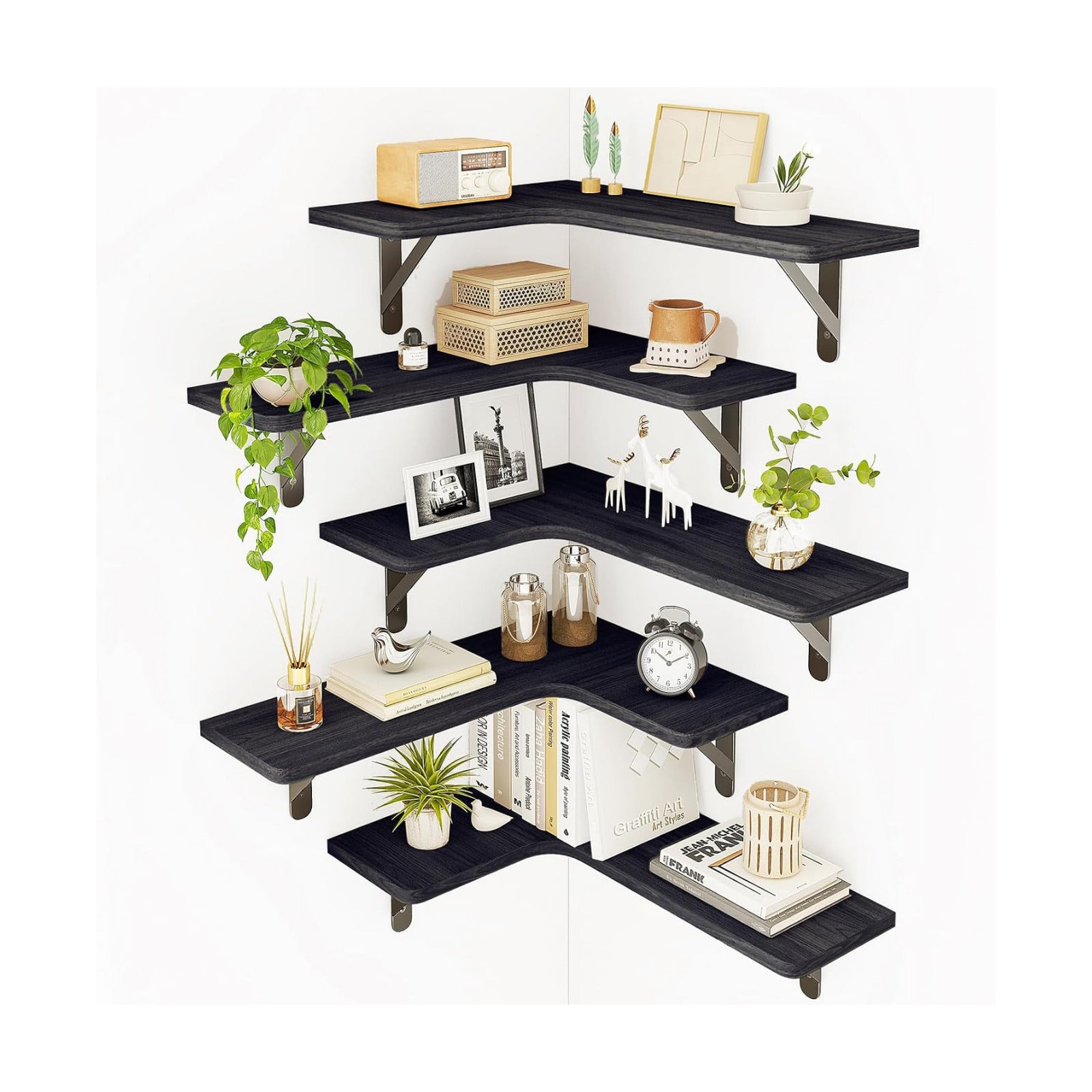 Fixwal Conner Shelves Wall Mounted for Decor, Black Set of 5