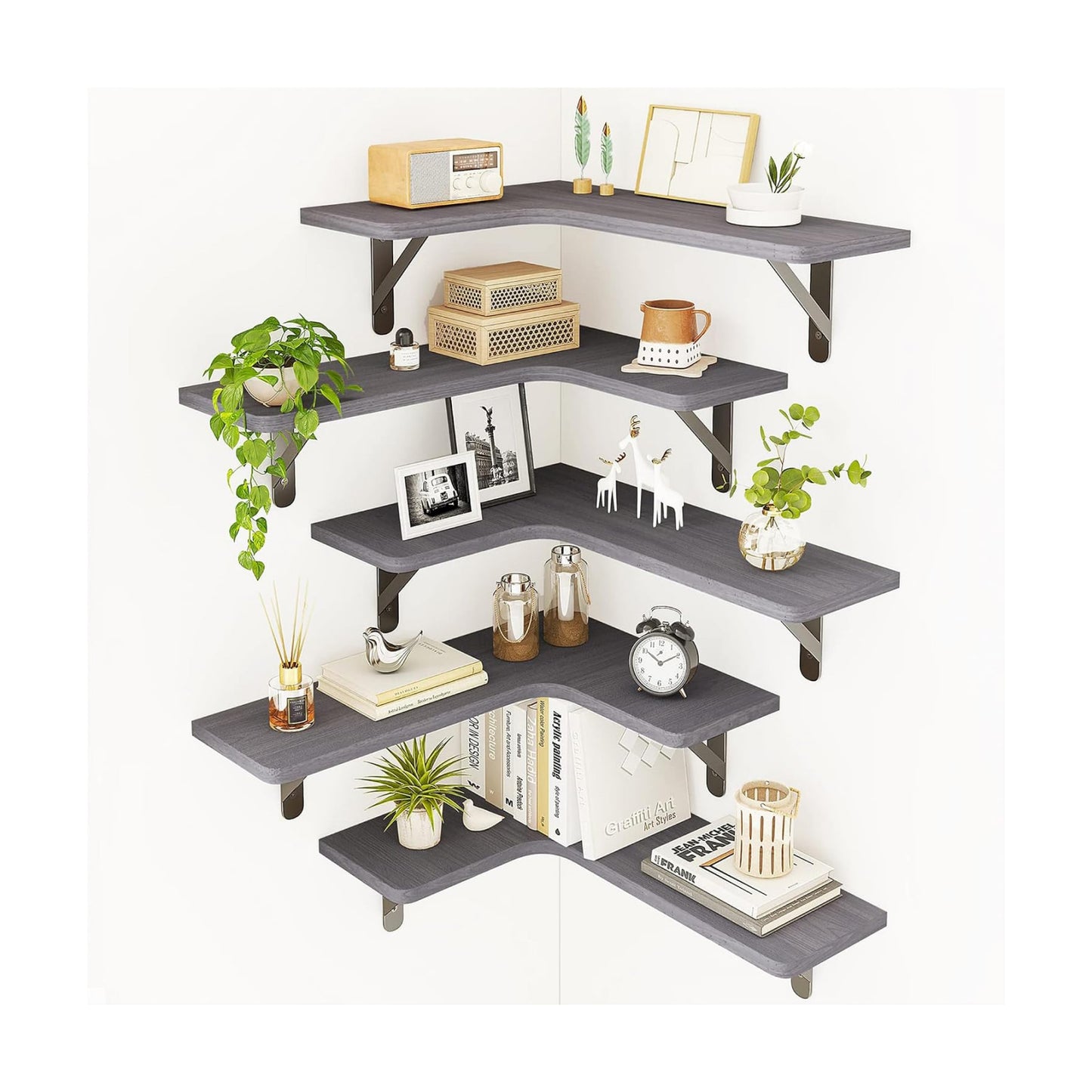 Fixwal Corner Floating Shelves Set of 5, Rustic Wood Wall Mounted Corner Shelf for Bathroom, Kitchen, Bedroom, Home