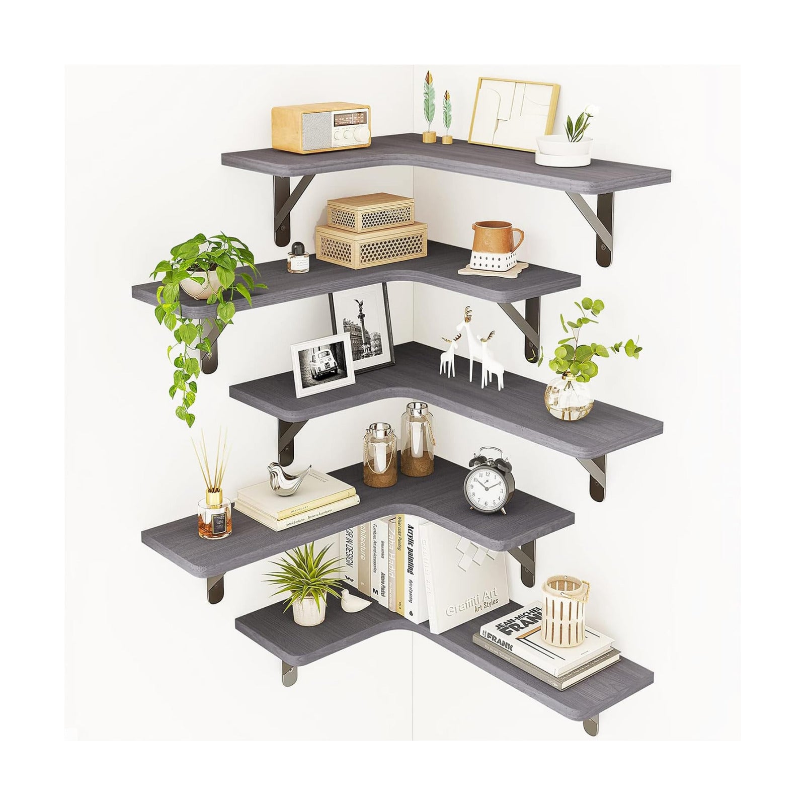 Fixwal Corner Floating Shelves Set of 5, Rustic Wood Wall Mounted Corner Shelf for Bathroom, Kitchen, Bedroom, Home