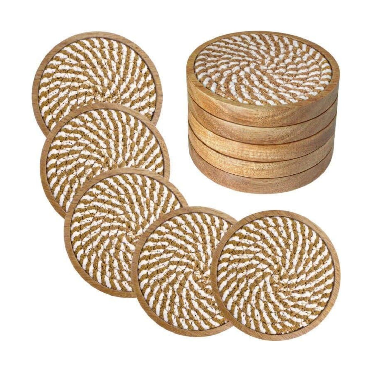 Wooden Drink Coasters / Borwn & White / 4.3 Inch / Set of 5
