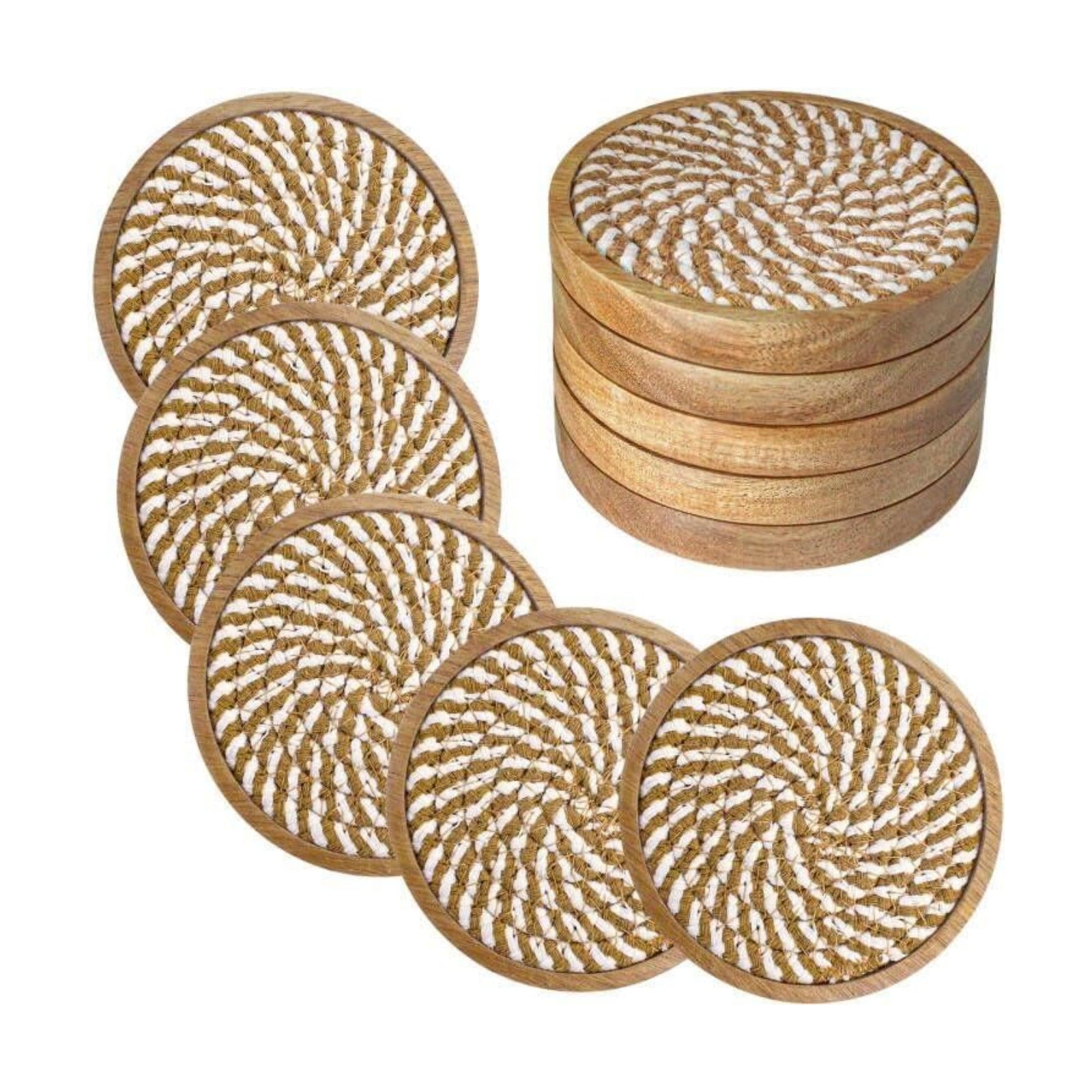 Wooden Drink Coasters / Borwn & White / 4.3 Inch / Set of 5