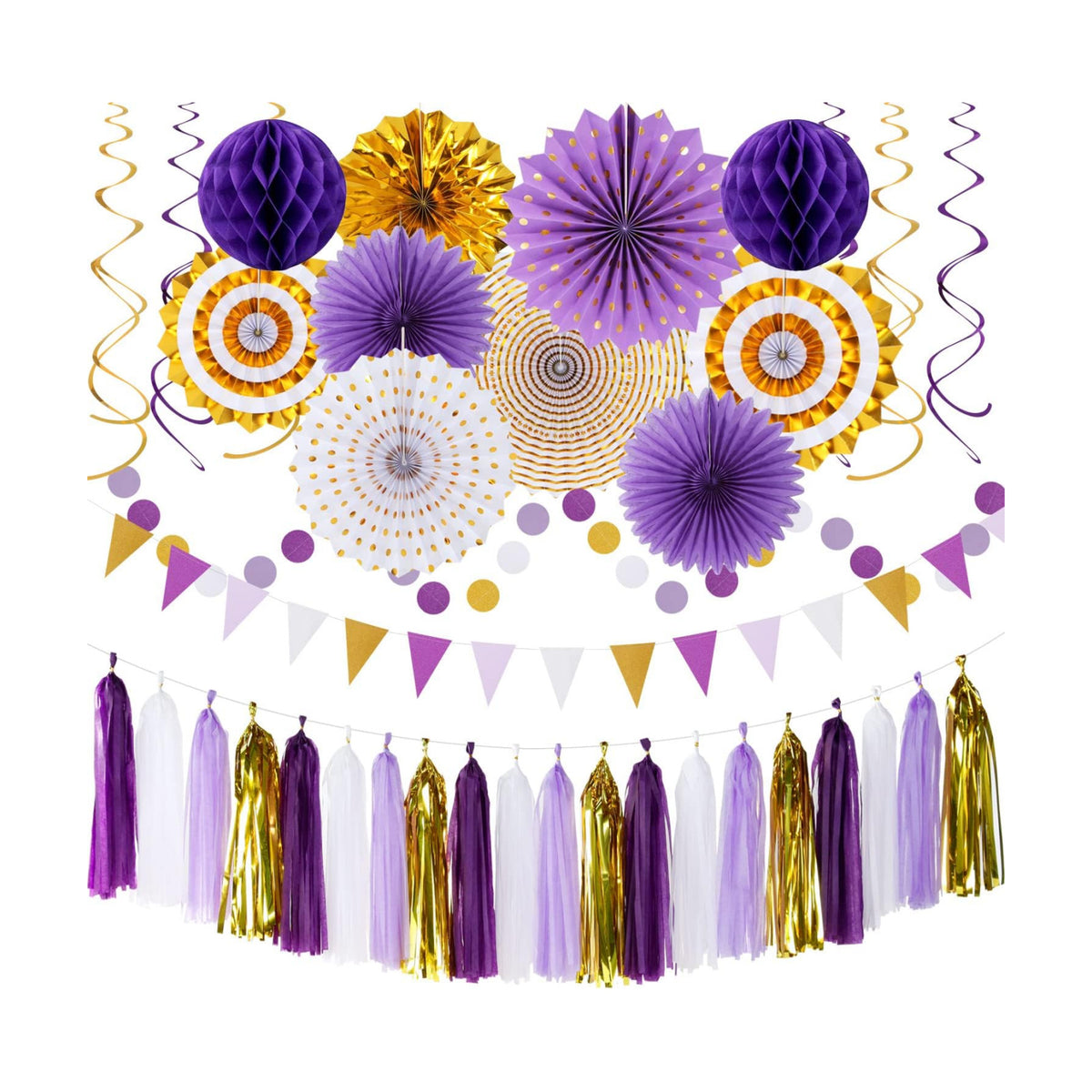 Purple-Gold Graduation Party-Decoration - 33pcs Kits Banner, Streamers Tassel Garland,Tissue Pom Poms Honeycomb, Paper Lantern Fans,Wedding Girl Birthday Baby Bridal Shower Decor Hugtmr