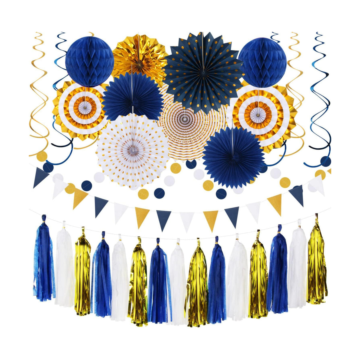 Navy-Blue White-Gold Graduation Party-Decorations - 33pcs Kits Banner, Streamers Tassel Garland,Tissue Pom Poms Honeycomb, Paper Lantern Fans,Wedding Birthday Baby Shower Backdrop Ceiling Decor Hugtmr