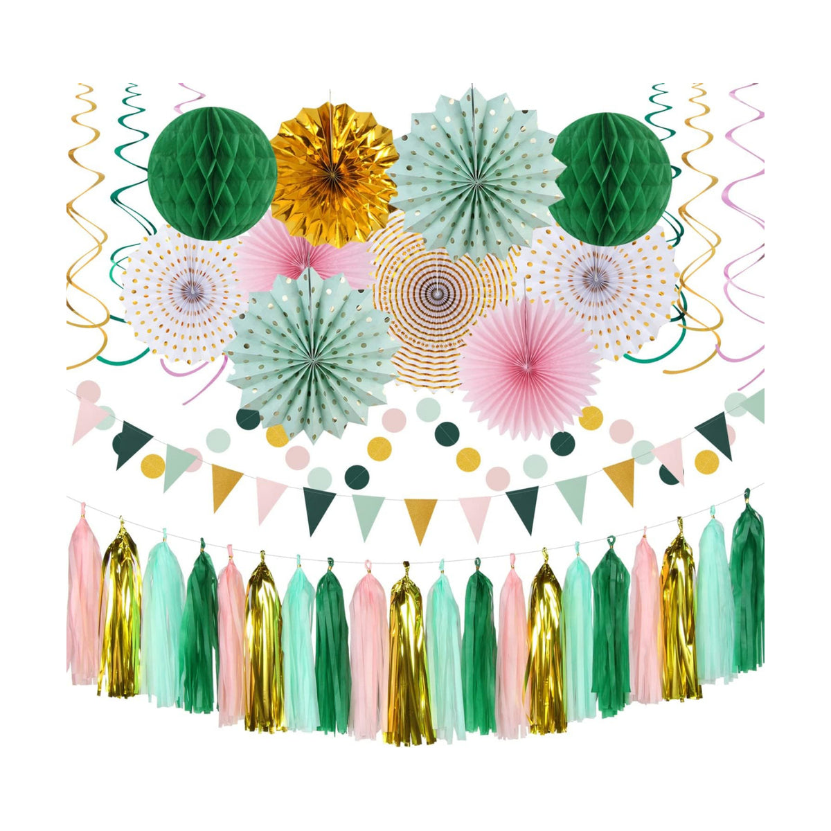 Sage-Green Pink Gold Party-Decorations - 33pcs Kits Tissue Pom Poms Honeycomb,Banner,Streamers Tassel Garland,Paper Lantern Fans, Wedding Engagement Bachelorette Birthday Baby Bridal Shower Hugtmr