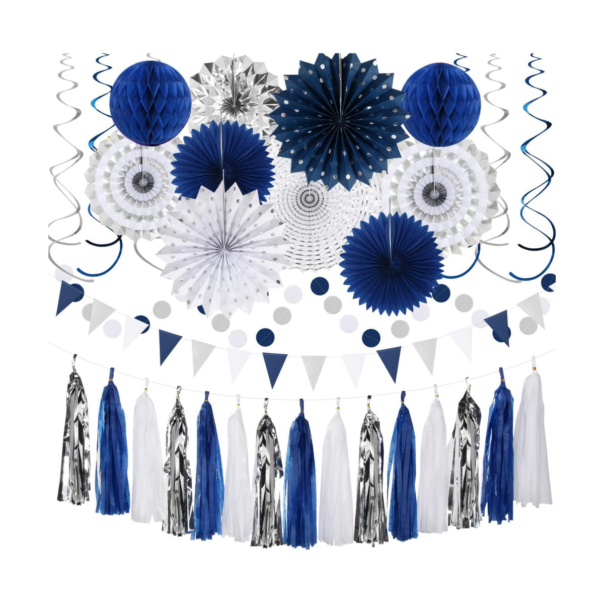 Navy-Blue White-Silver Graduation Party-Decorations - 33pcs Kits Banner, Streamers Tassel Garland,Tissue Pom Poms Honeycomb, Paper Lantern Fans,Wedding Birthday Baby Shower Backdrop Decor Hugtmr