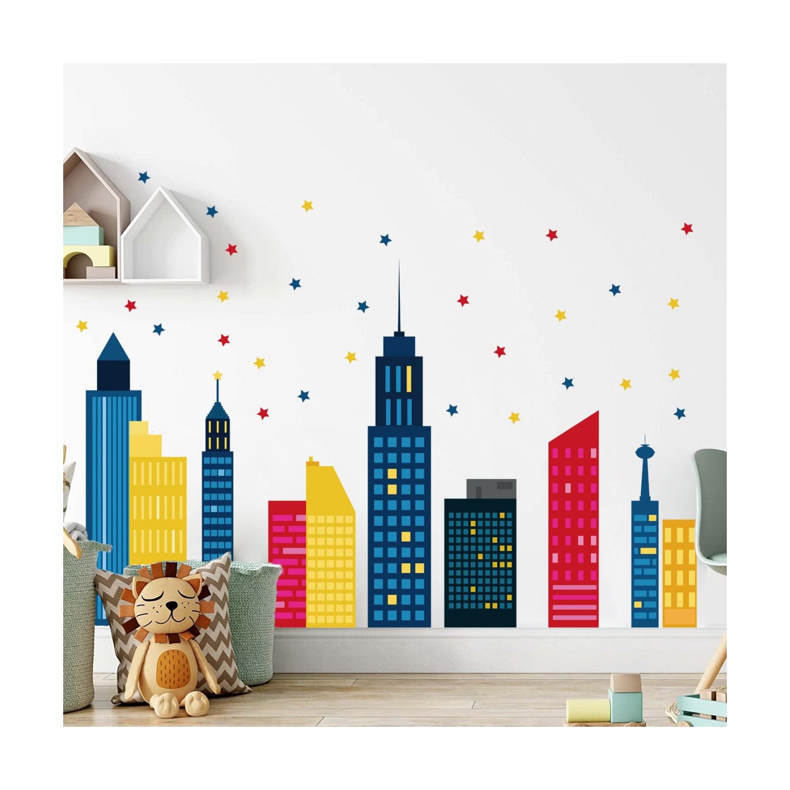 Colorful City Skyline Wall Stickers Building Silhouettes Stars Wall Decals