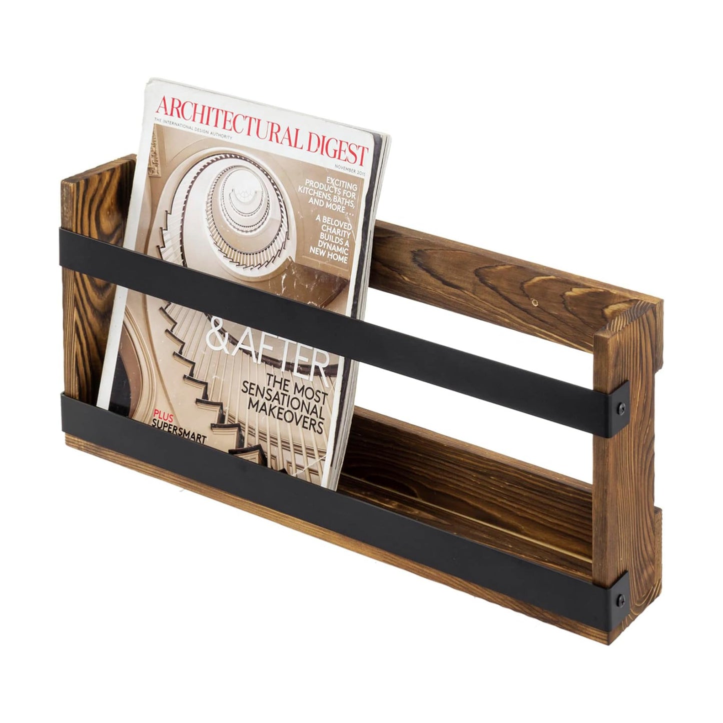MyGift Burnt Solid Wood Industrial Matte Black Metal Magazine Rack | Double Wide Design, Versatile Placement, Easy