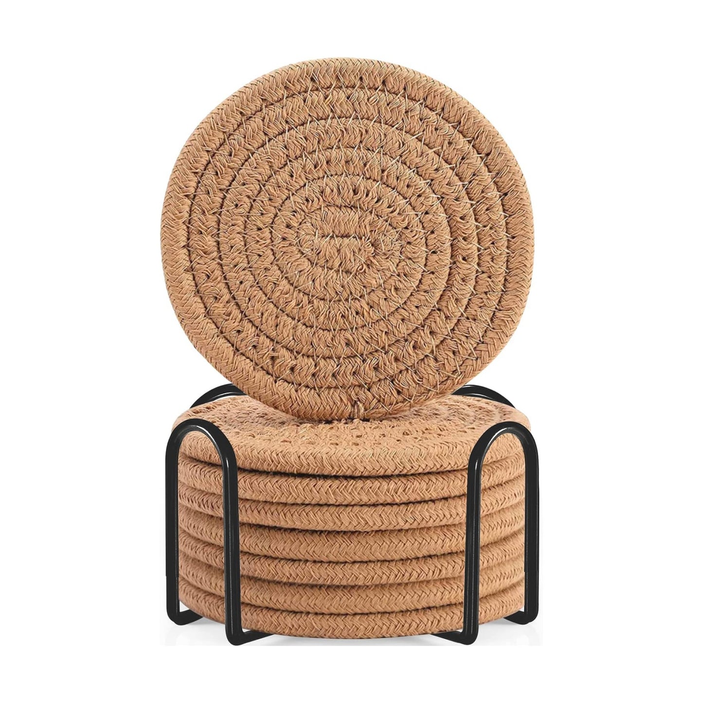 Holder / Cotton Woven Absorbent Coasters for Drinks / Brown / Set of 8