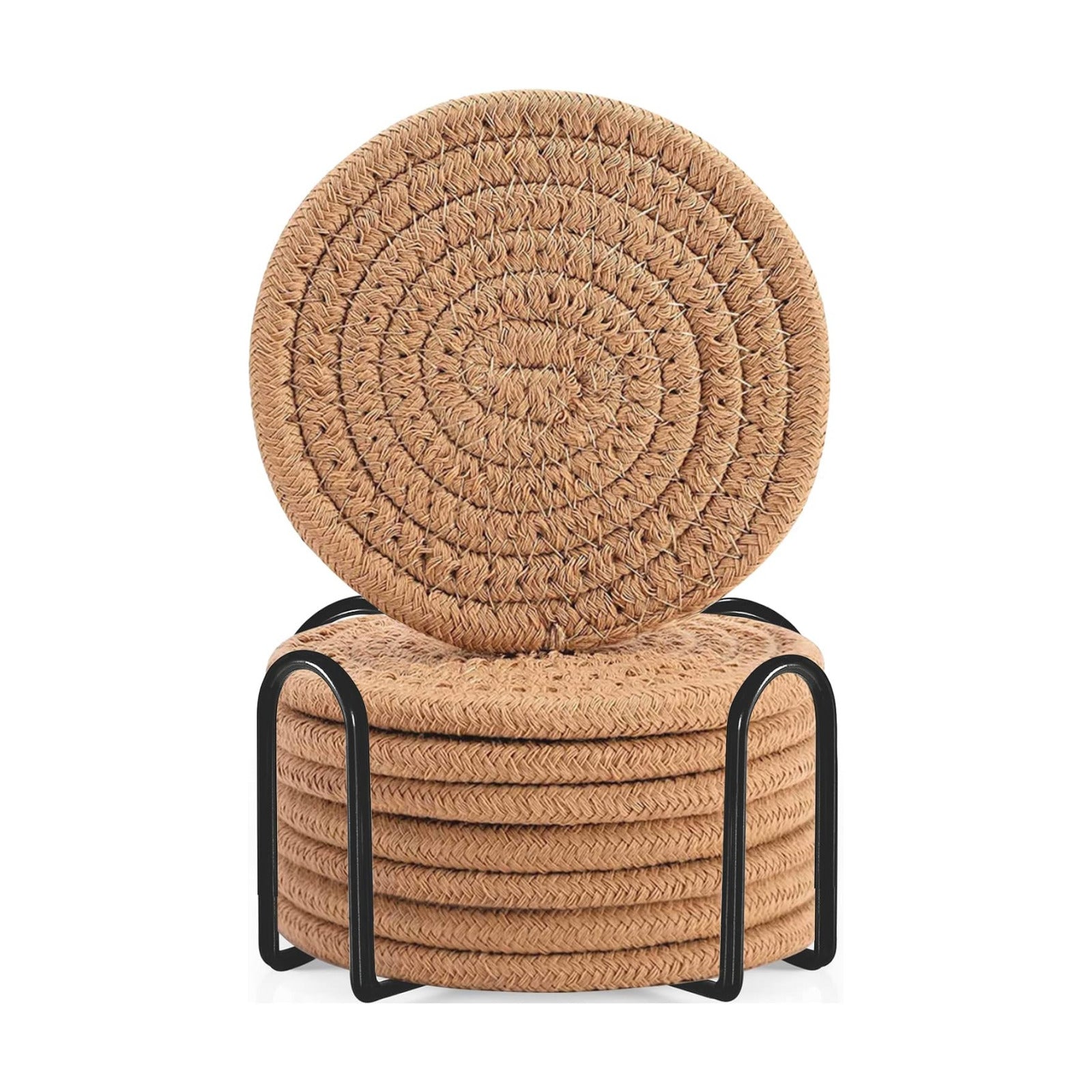 Holder / Cotton Woven Absorbent Coasters for Drinks / Brown / Set of 8