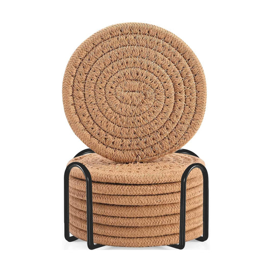 Holder / Cotton Woven Absorbent Coasters for Drinks / Brown / Set of 8
