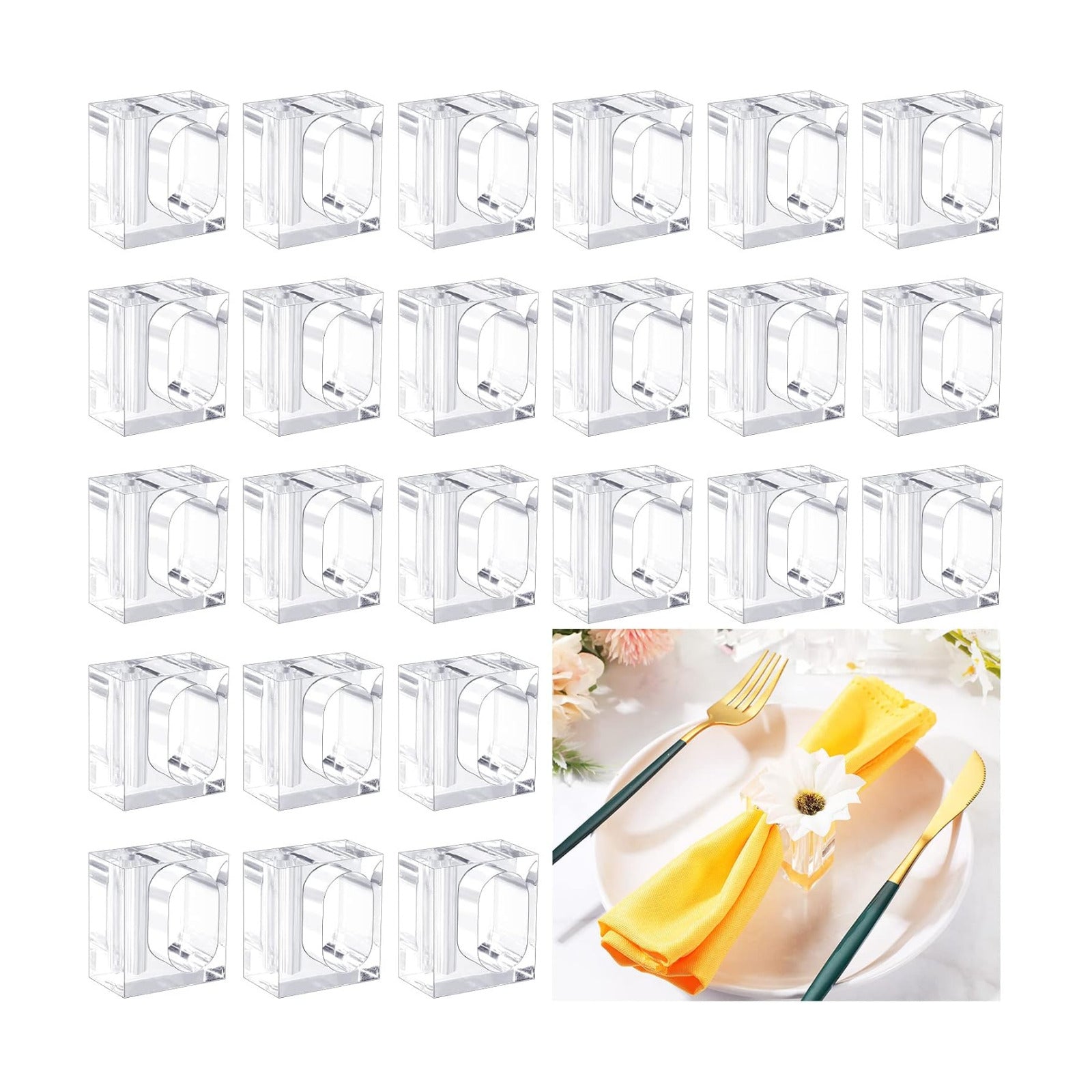 24 Pcs Acrylic Napkin Rings Clear Napkin Holder Bulk | Square Flower Bud Vase Combo for Wedding, Birthday Banquet Table