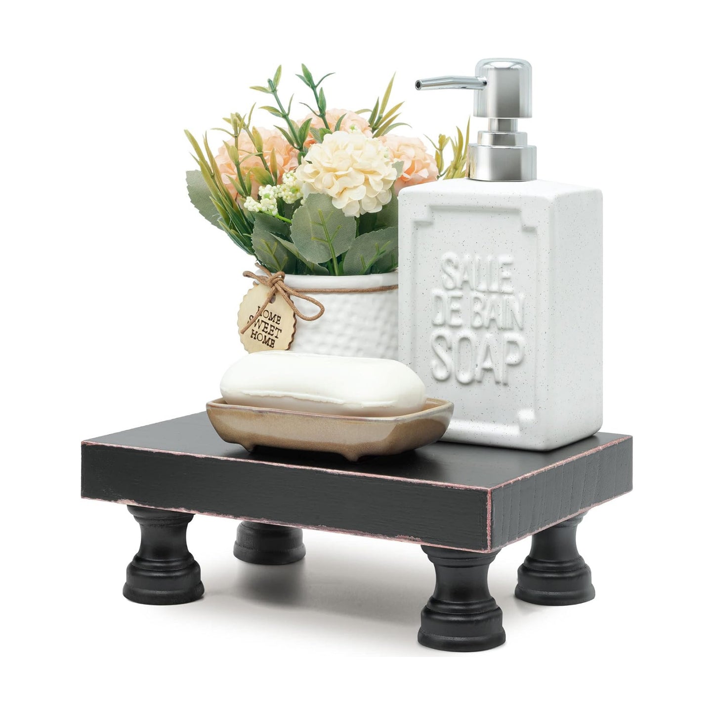 EOSAHR Wood Riser & Display Stand for Kitchen Counter, Black | 8.5" Pedestal Stand for Kitchen Decor, Soap Holder