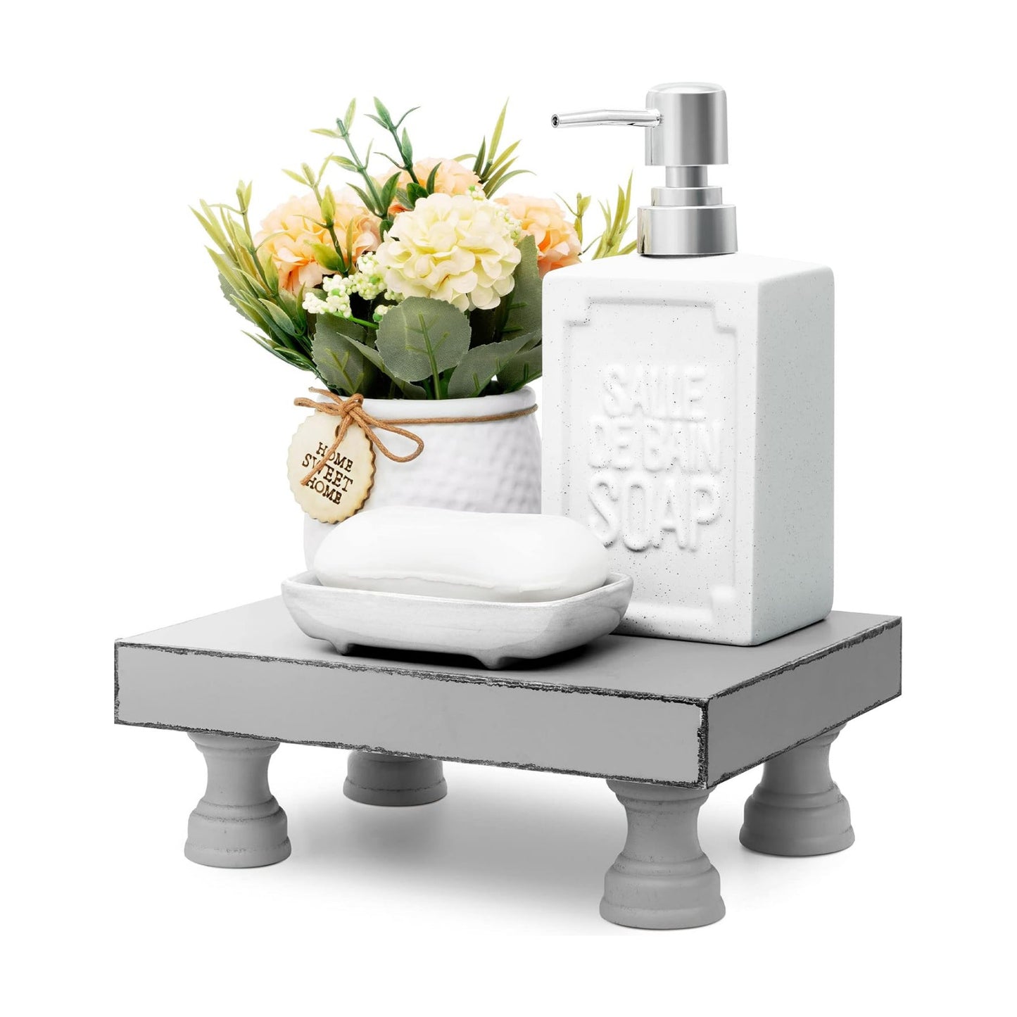 EOSAHR Wood Riser & Display Stand for Farmhouse Kitchen Storage, Gray | 8.5" Riser Stand, Kitchen Counter Accent, Soap