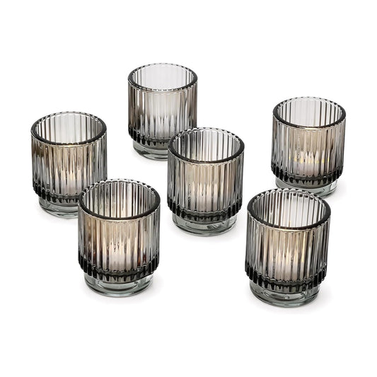 Kate Aspen Ribbed Glass Candle Holder Set - 6 Smoke Gray Tealight Holders for Home, Kitchen, Room or Living Room Decor - Vintage Tea Light Votive Accent for Table or Shelf Styling