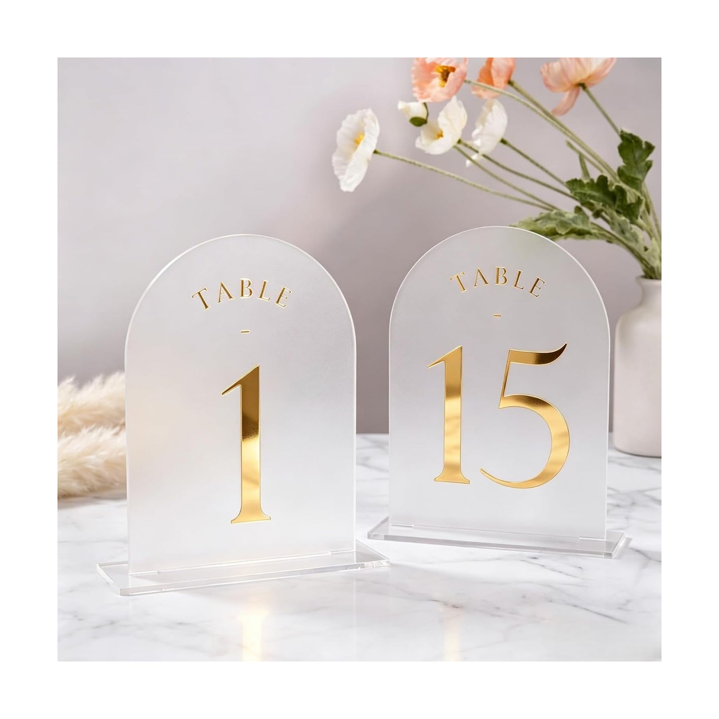 UNIQOOO Frosted Arch Wedding Table Numbers 1-15 w/Stands, Gold Foil Printed 5x7 Acrylic Display Signs &Holders, Pack of