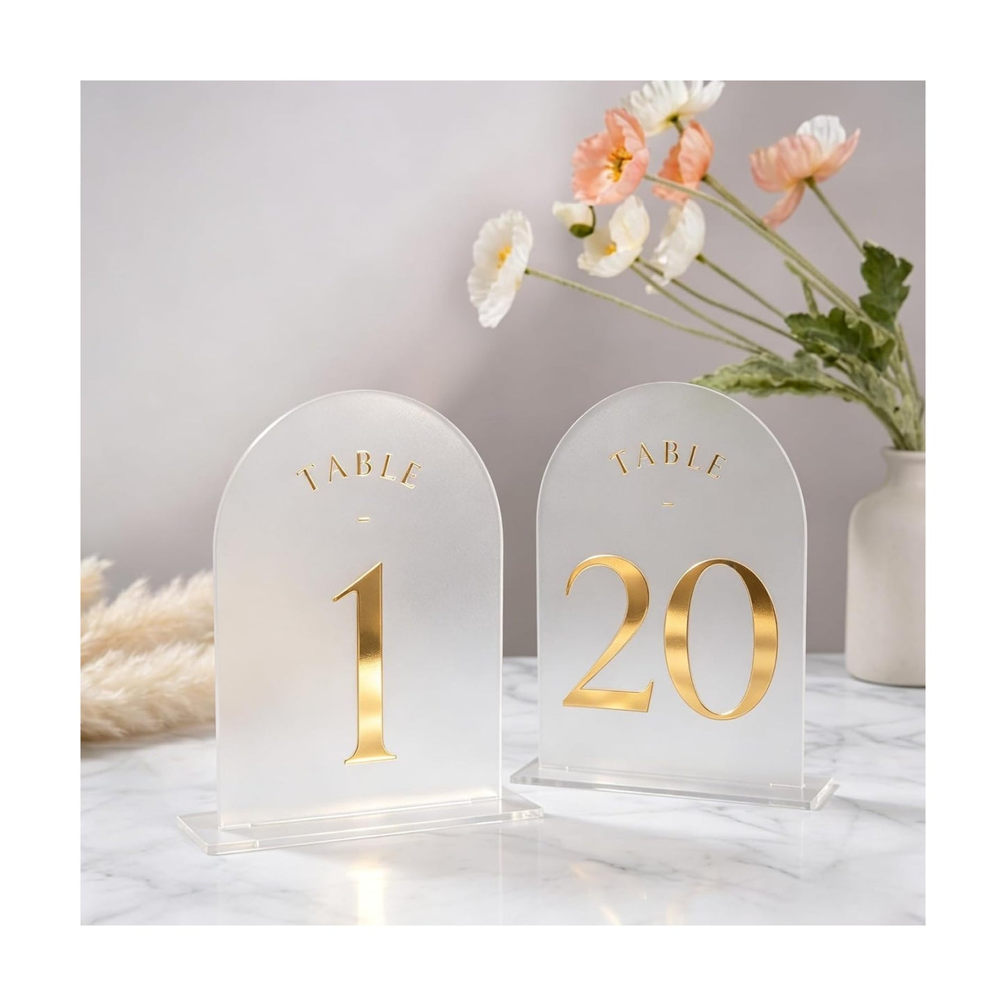 UNIQOOO Frosted Arch Wedding Table Numbers 1-20, Gold Foil Printed 5x7 Acrylic Display Signs and Holders, Pack of 20
