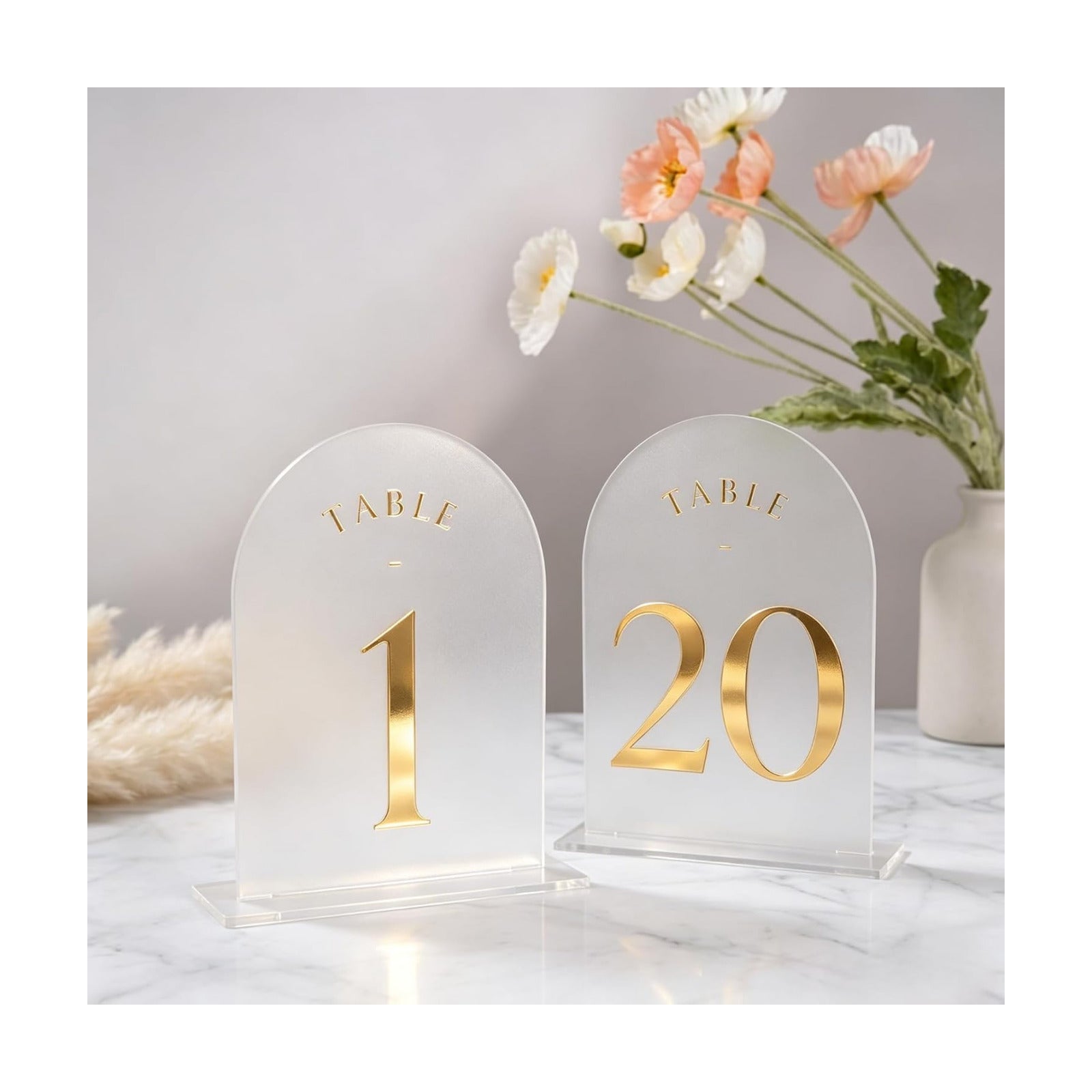 UNIQOOO Frosted Arch Wedding Table Numbers 1-20, Gold Foil Printed 5x7 Acrylic Display Signs and Holders, Pack of 20