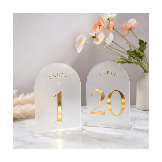 UNIQOOO Frosted Arch Wedding Table Numbers 1-20, Gold Foil Printed 5x7 Acrylic Display Signs and Holders, Pack of 20