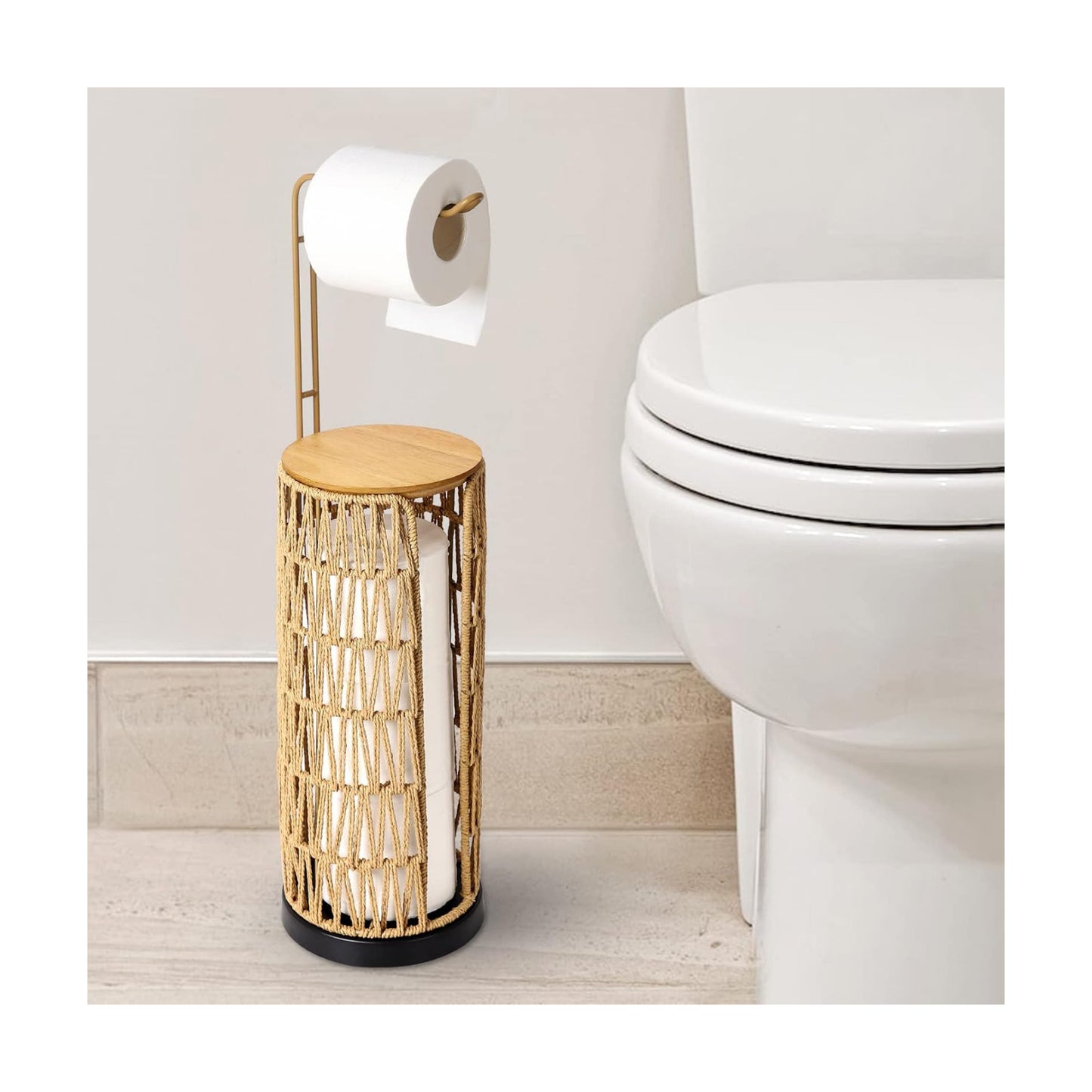 Freestanding Toilet Paper Holder with Storage,3 Rolls of Tissue Holder for Bathroom,Handmade Woven Toilet Paper Roll