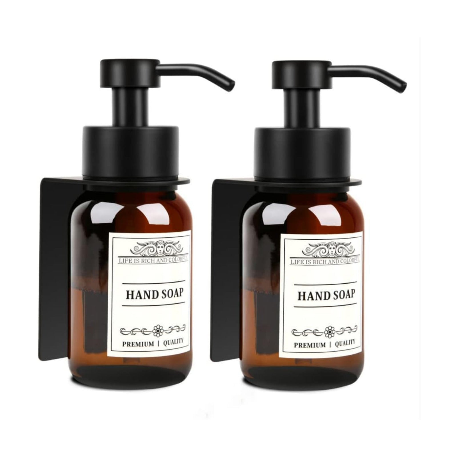 8.5oz Brown Glass Soap Dispenser 2 Pack for Kitchen Bathroom Black | Leakproof conditioner and hand soap pump set with
