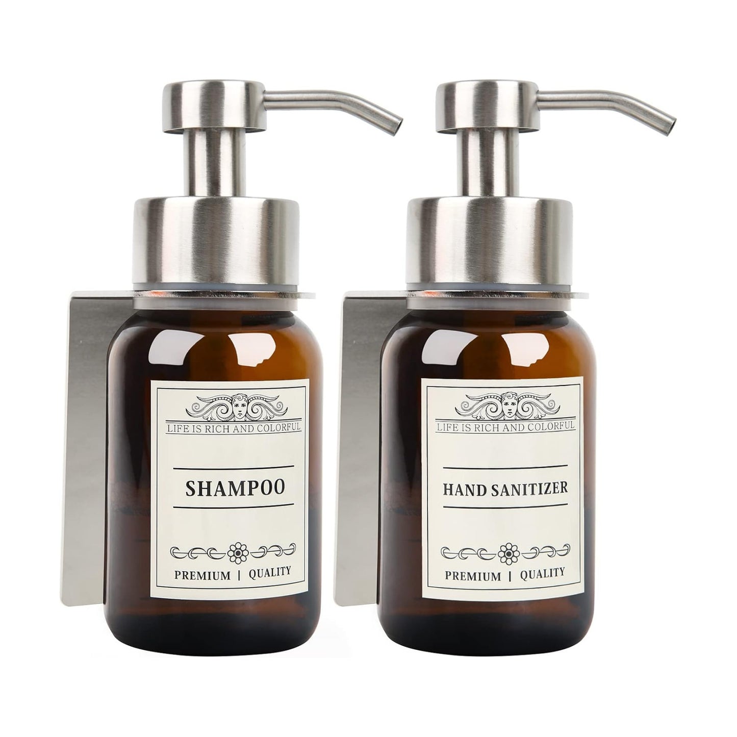 2Pack 8.5oz Brown Glass Bathroom Shampoo Dispenser, Silver Mount | Drill or no-drill setup with screws & adhesive