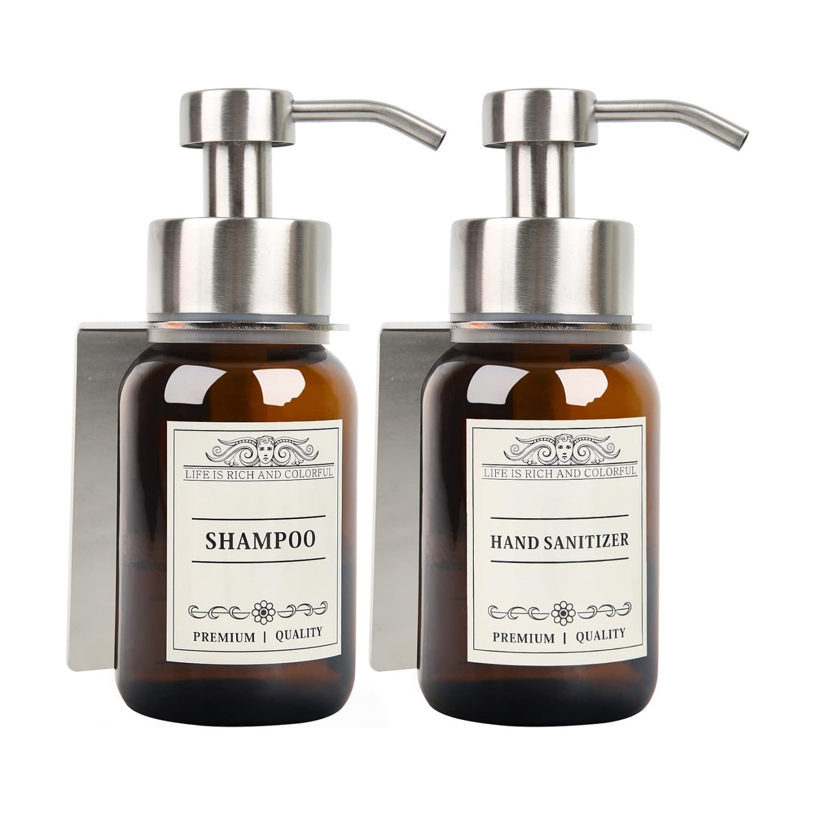2Pack 8.5oz Brown Glass Bathroom Shampoo Dispenser, Silver Mount | Drill or no-drill setup with screws & adhesive