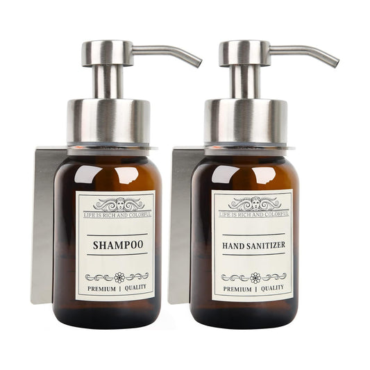 2Pack 8.5oz Brown Glass Bathroom Shampoo Dispenser, Silver Mount | Drill or no-drill setup with screws & adhesive