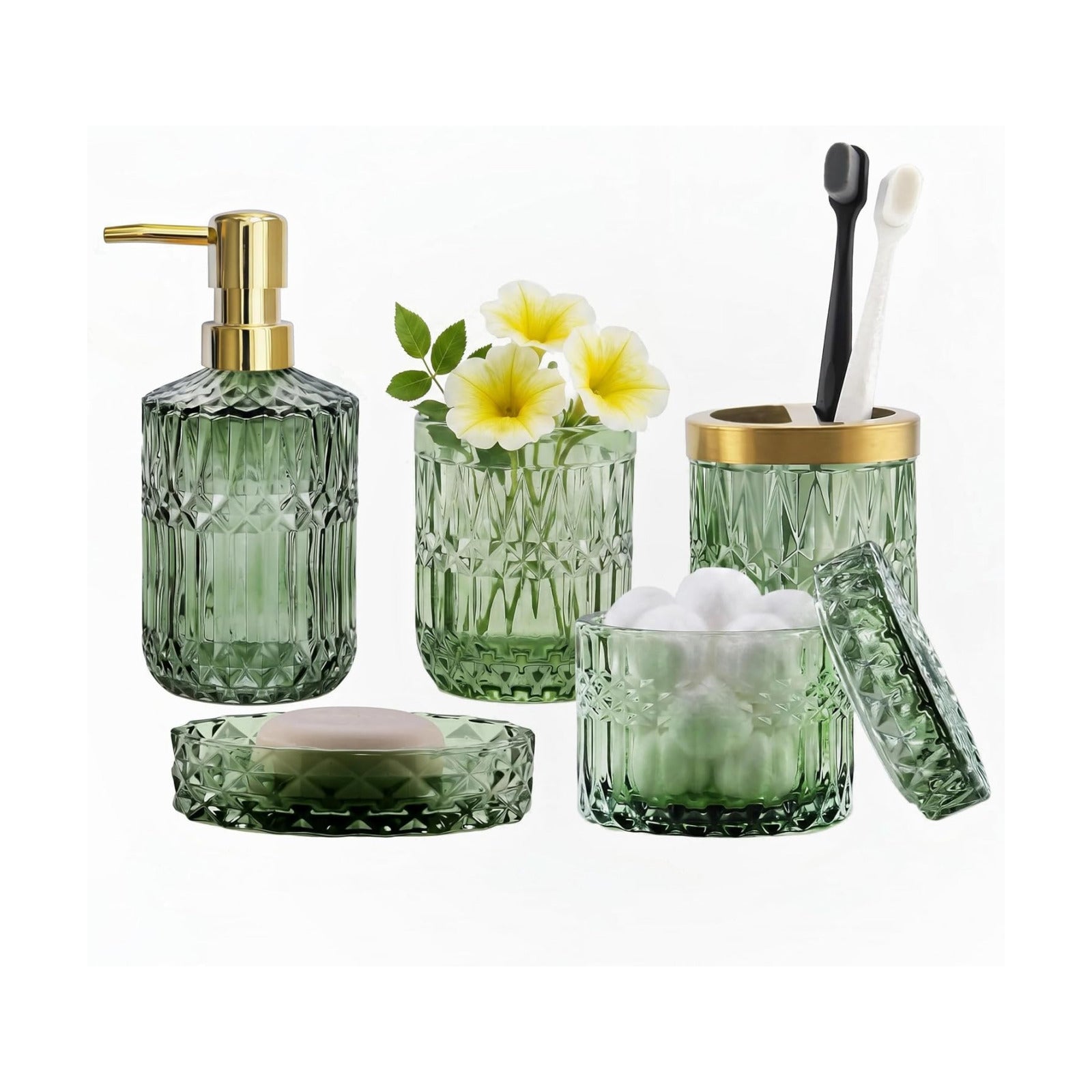 LaMarriti Green Bathroom Accessories Set, 6 Pcs Clear Glass Bathroom Set, Soap Dispenser, Soap Dish, Toothbrush Holder