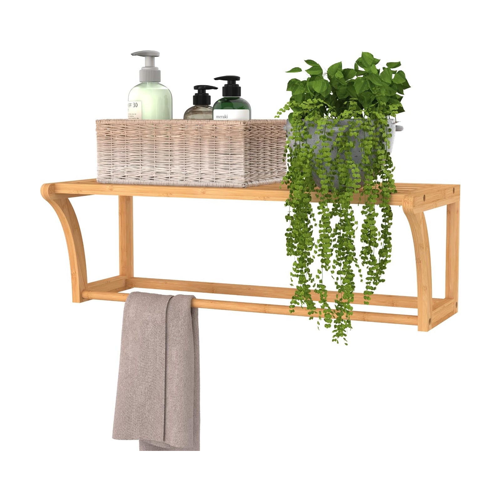 ClosetMaid Bamboo Wall Shelf with Towel Bar, Wall Mount Storage Shelves, Organizer Rack, Natural Finish