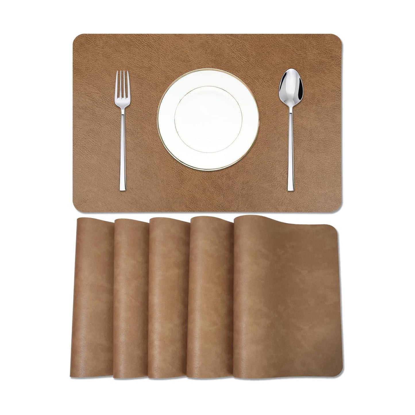 Cowhide Pattern Faux Leather Placemats Set of 6,Heat Resistant Non-Slip Waterproof Wipeable Washable Kitchen Dining PU