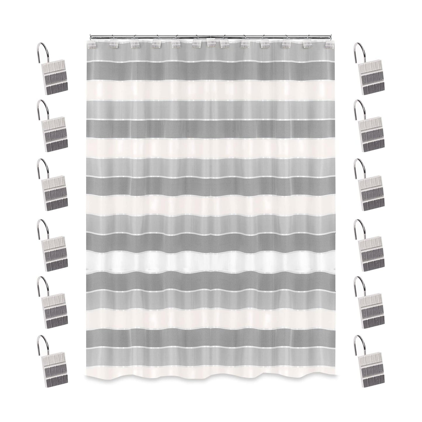 Zahari Home 13pc Modern Line Shower Curtain Set - Gray Luxury Contemporary Shower Curtains with Unique Design & 12 Hooks