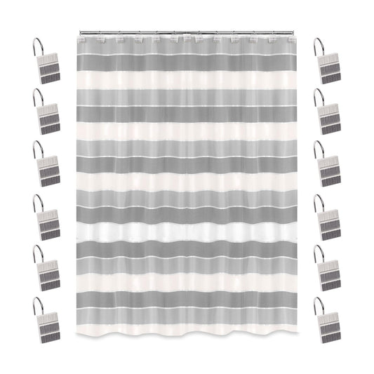 Zahari Home 13pc Modern Line Shower Curtain Set - Gray Luxury Contemporary Shower Curtains with Unique Design & 12 Hooks