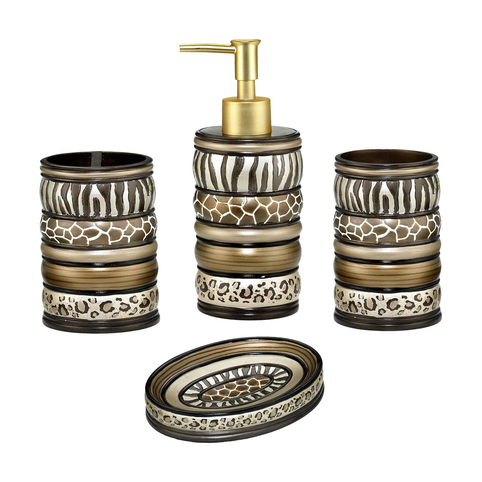 Zahari Home 4pc Safari Stripes Stylish Bathroom Accessories Set Hand Soap Dispenser, Tumbler, Tooth Brush Holder and