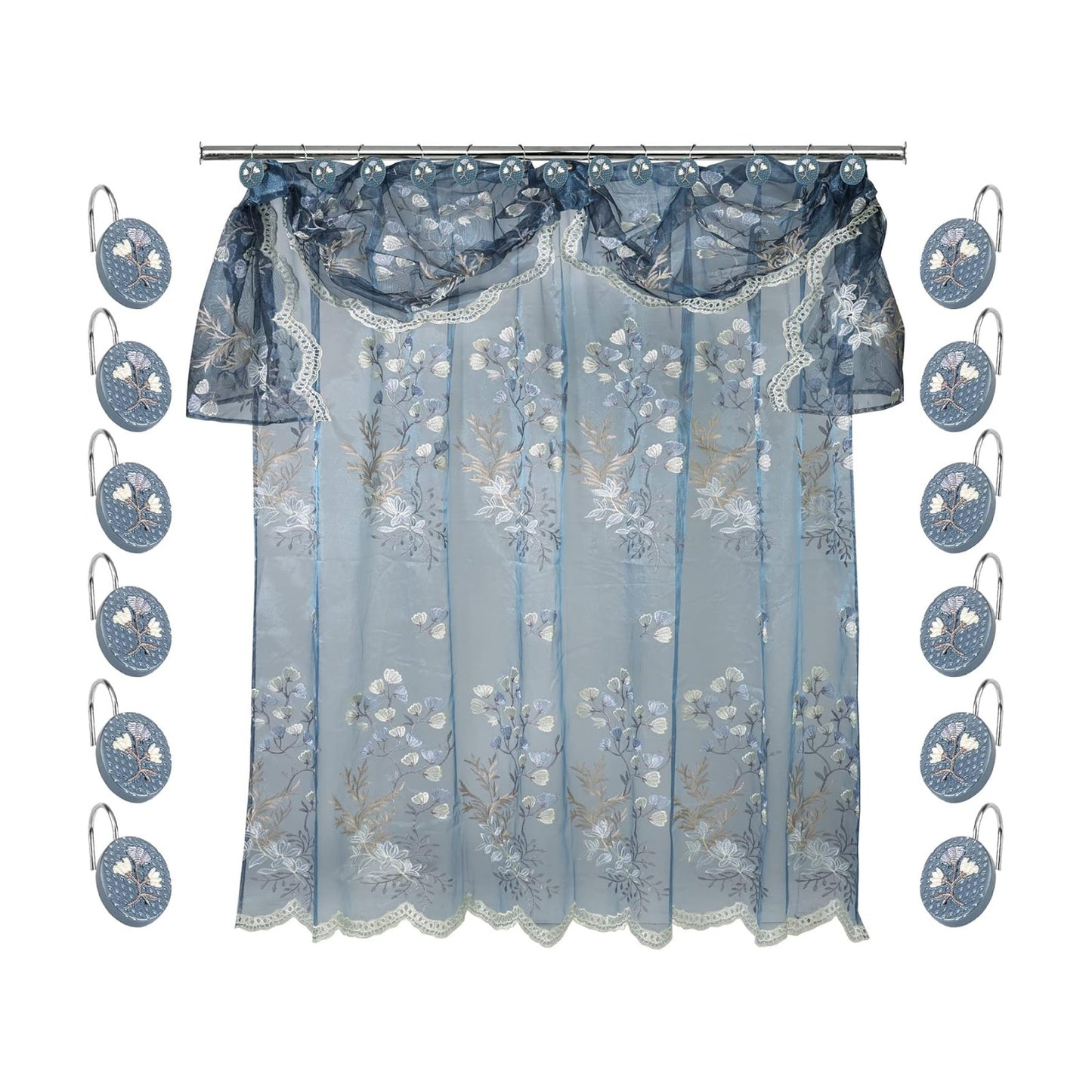 Zahari Home 13pc Capri Bathroom Sheer Shower Curtain Sets & 12 Hooks - Modern Classic Luxury Contemporary Decor Blue