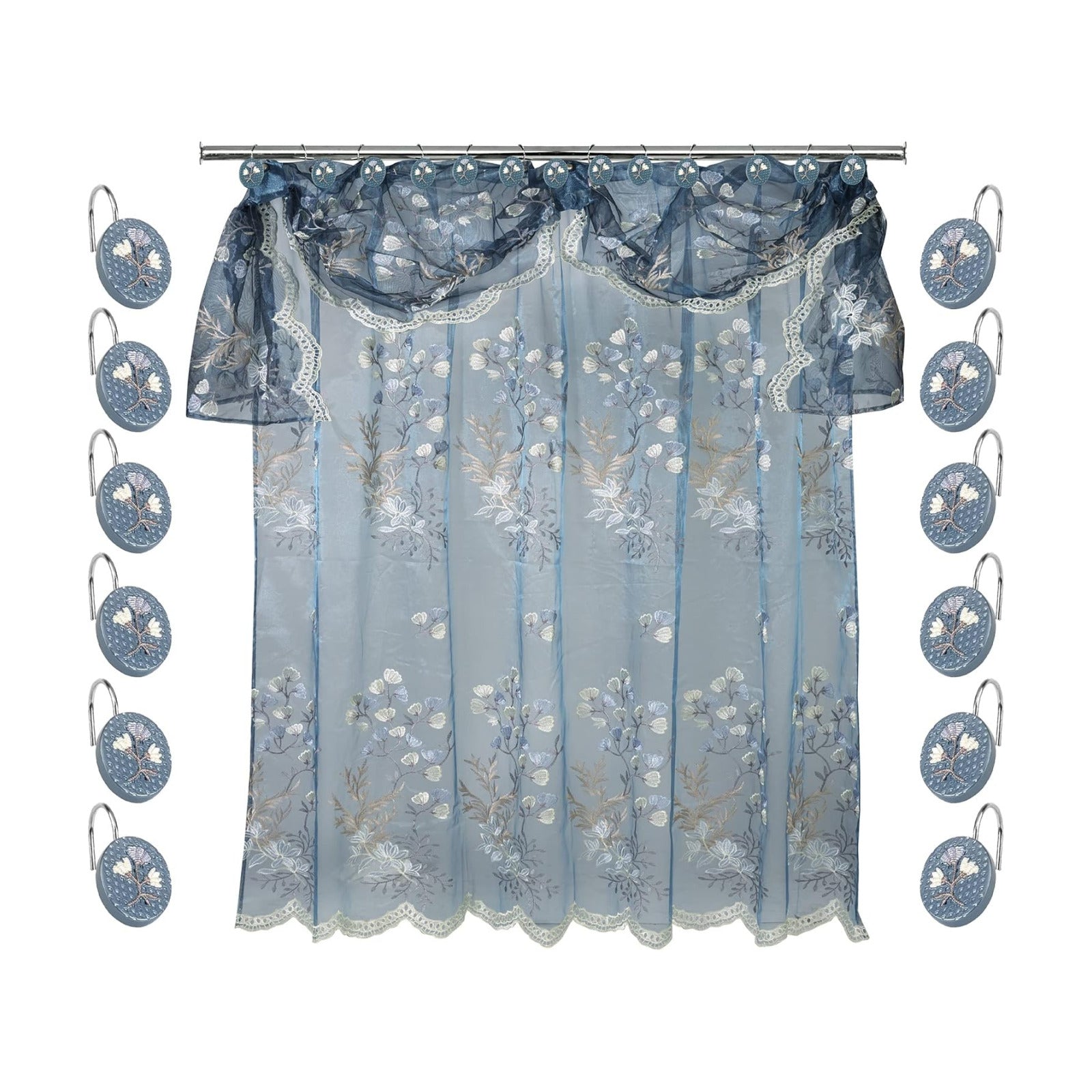 Zahari Home 13pc Capri Bathroom Sheer Shower Curtain Sets & 12 Hooks - Modern Classic Luxury Contemporary Decor Blue