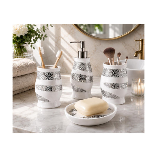 Zahari Home 4pc Sinatra Stylish Bathroom Accessories Set White Soap Dispenser, Tumbler, Tooth Brush Holder and Soap