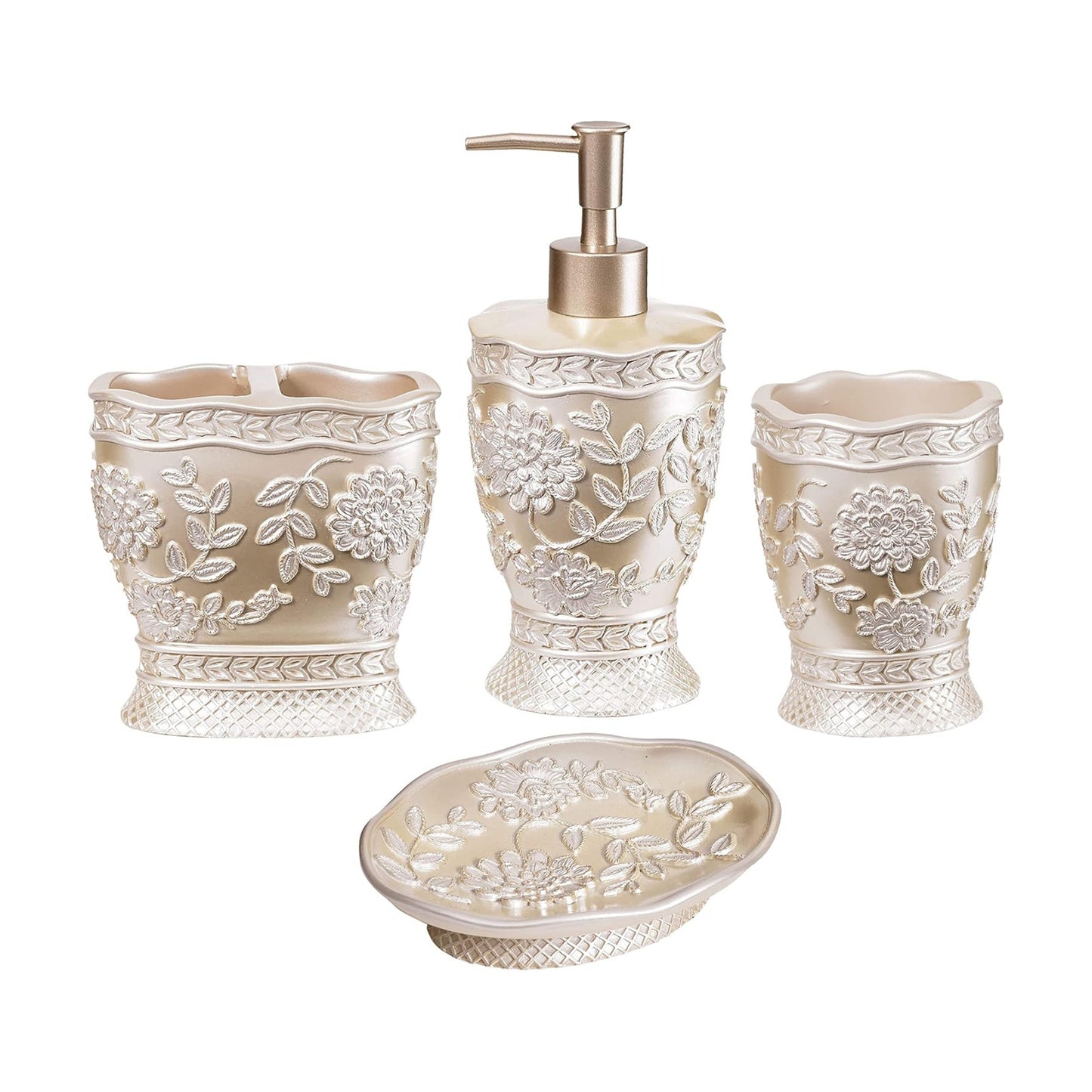 Zahari Home 4pc Rose Vine Bathroom Accessories Sets Lotion Pump, Tumbler, Tooth Brush Holder and Soap Dish Unique